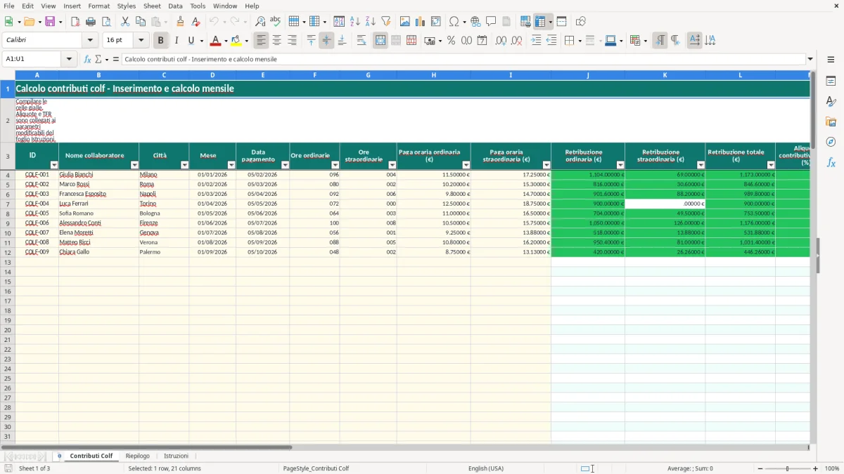 Schermata 1: foglio Contributi Colf - Modello Excel calcolo contributi colf excel
