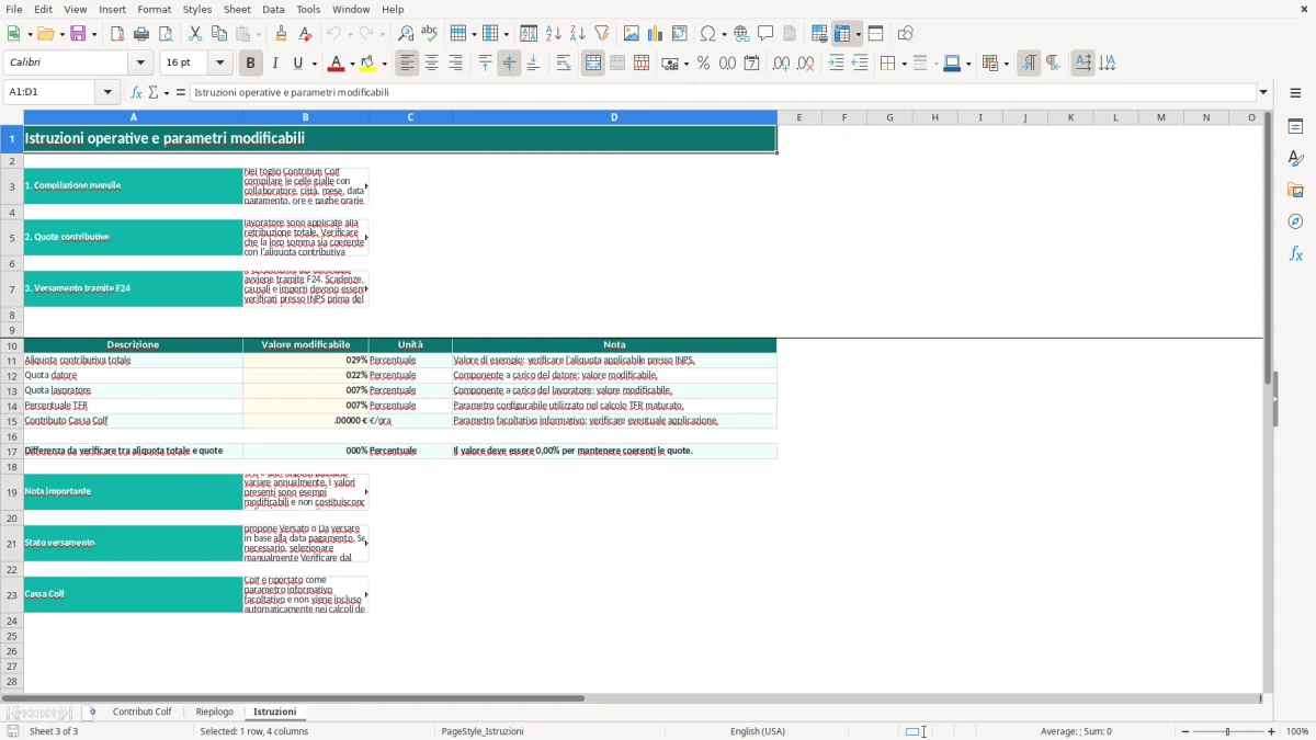 Schermata 3: foglio Istruzioni - Modello Excel calcolo contributi colf excel