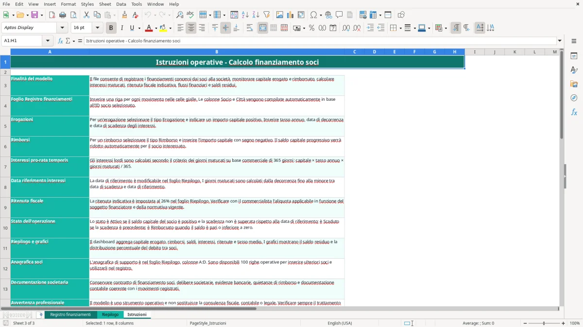 Schermata 3: foglio Istruzioni - Modello Excel calcolo finanziamento soci excel