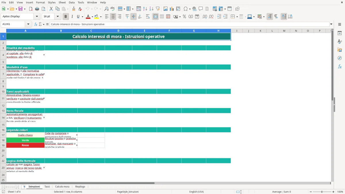 Schermata 1: foglio Istruzioni - Modello Excel calcolo interessi di mora excel