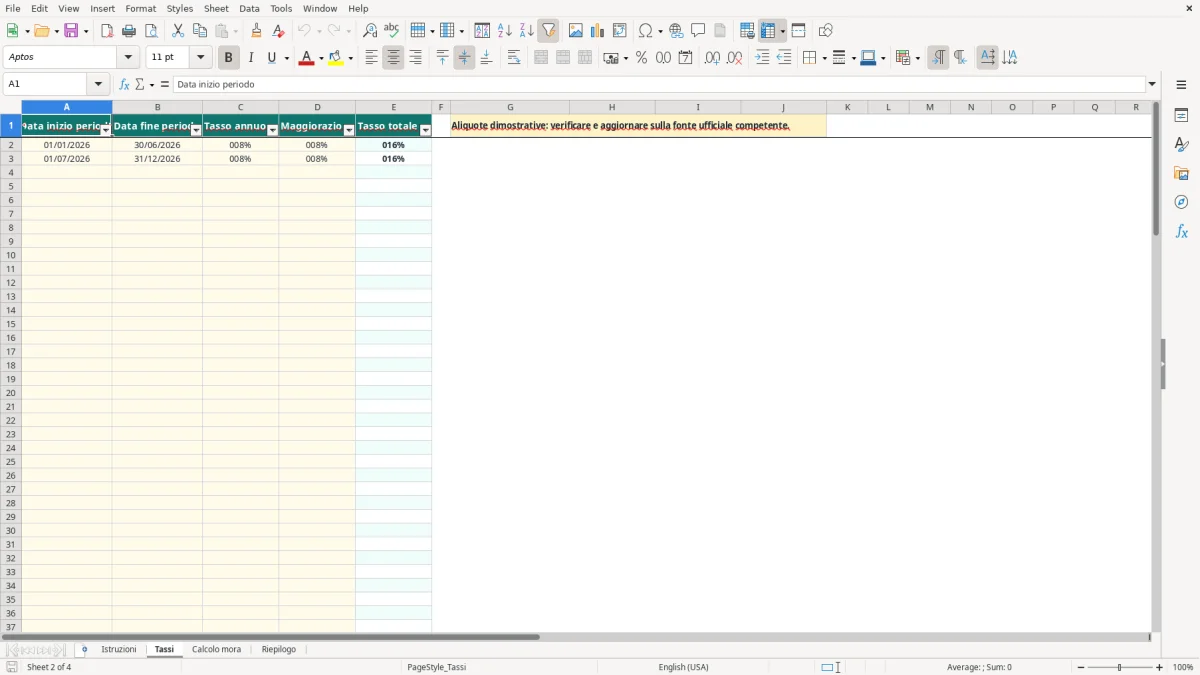 Schermata 2: foglio Tassi - Modello Excel calcolo interessi di mora excel