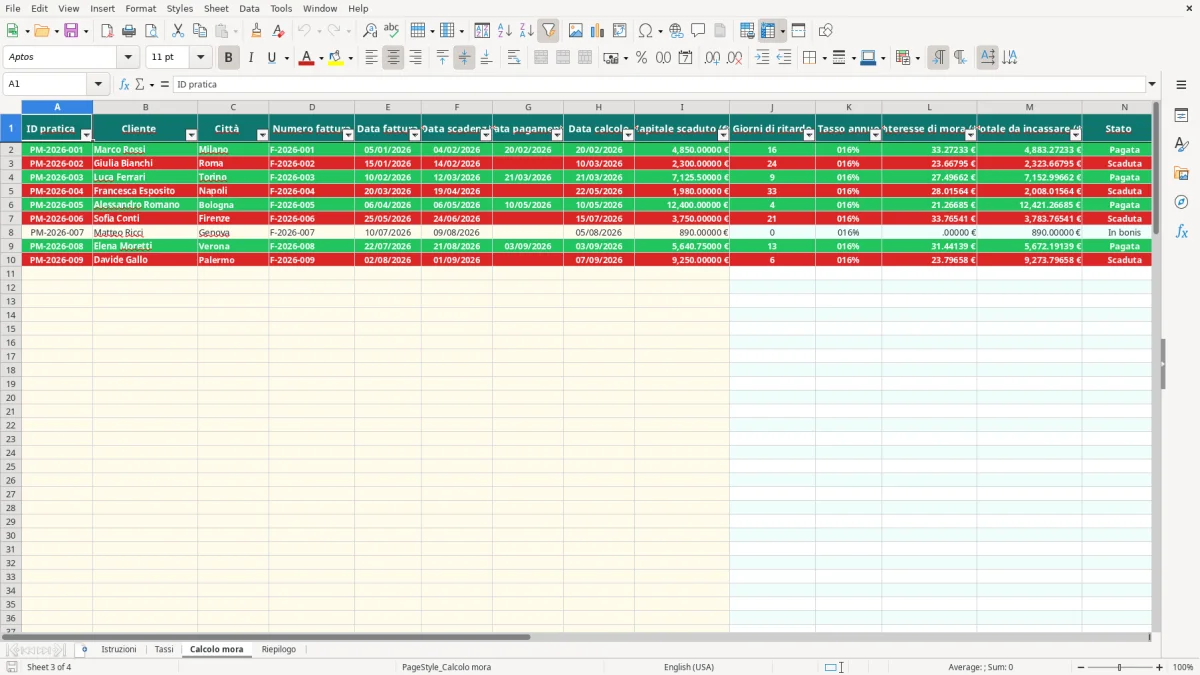 Schermata 3: foglio Calcolo mora - Modello Excel calcolo interessi di mora excel