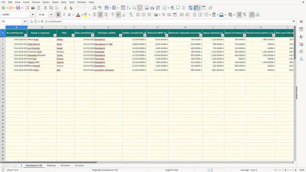 Schermata 1: foglio Simulazione 730 - Modello Excel calcolo rimborso 730 excel