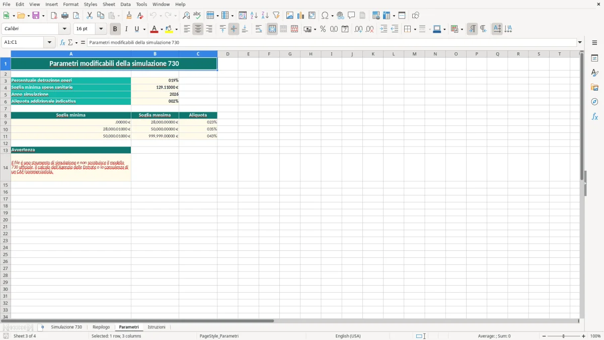 Schermata 3: foglio Parametri - Modello Excel calcolo rimborso 730 excel