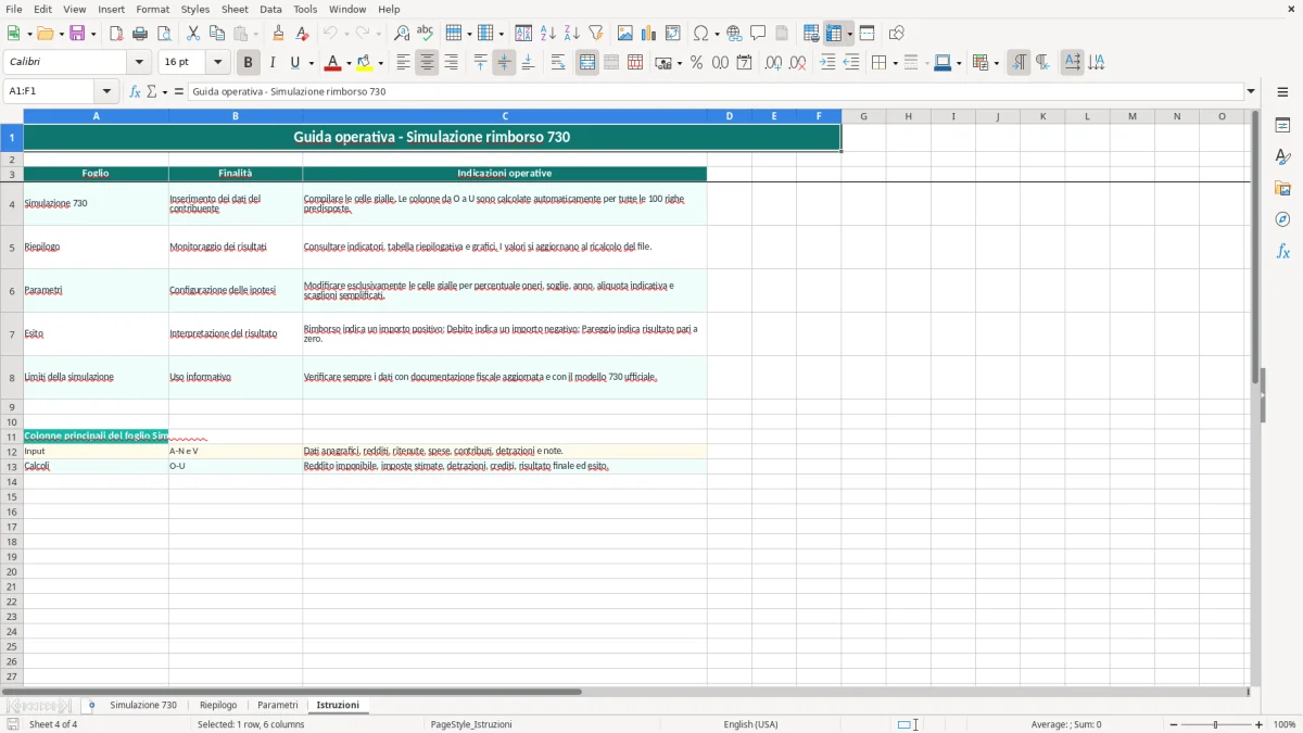 Schermata 4: foglio Istruzioni - Modello Excel calcolo rimborso 730 excel