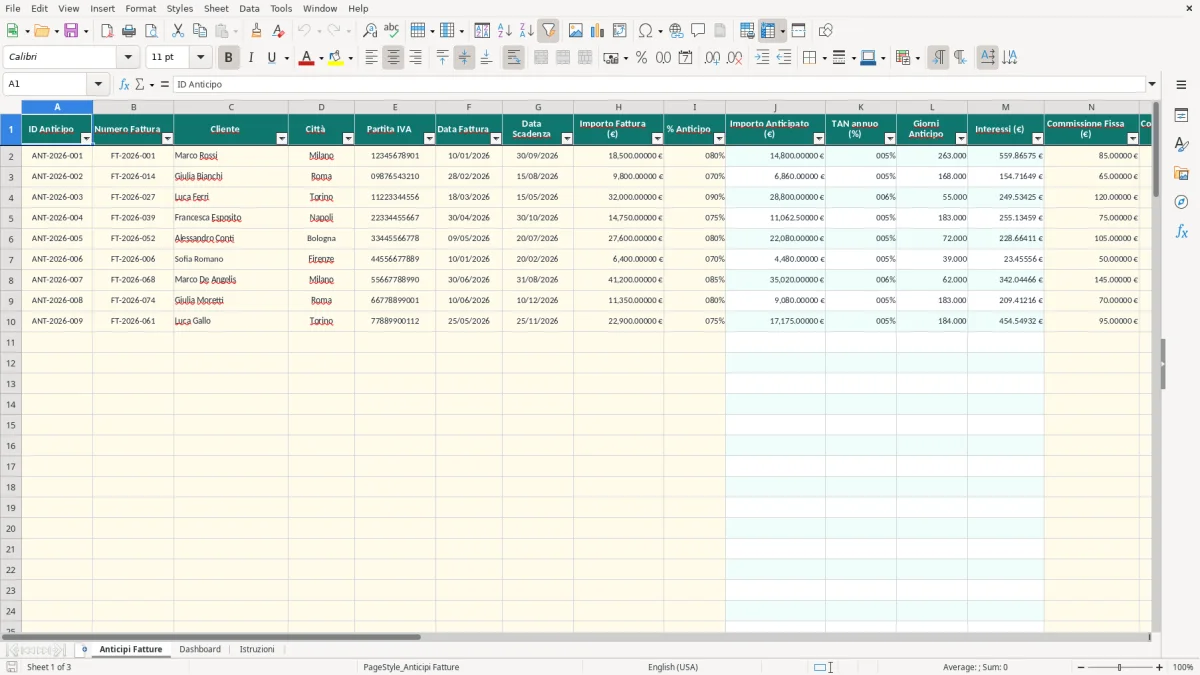 Schermata 1: foglio Anticipi Fatture - Modello Excel gestione anticipi fatture excel