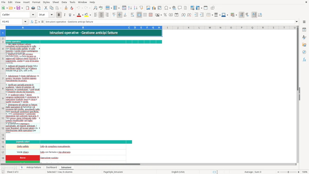 Schermata 3: foglio Istruzioni - Modello Excel gestione anticipi fatture excel