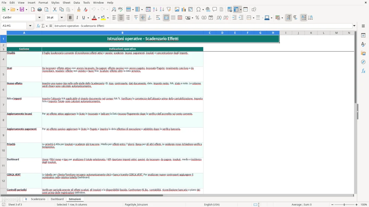 Schermata 3: foglio Istruzioni - Modello Excel scadenzario effetti excel