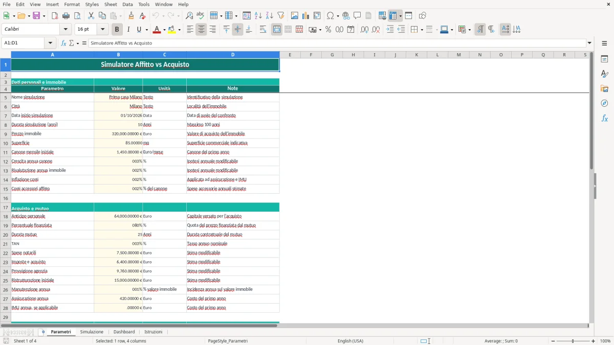 Schermata 1: foglio Parametri - Modello Excel simulatore affitto vs acquisto excel