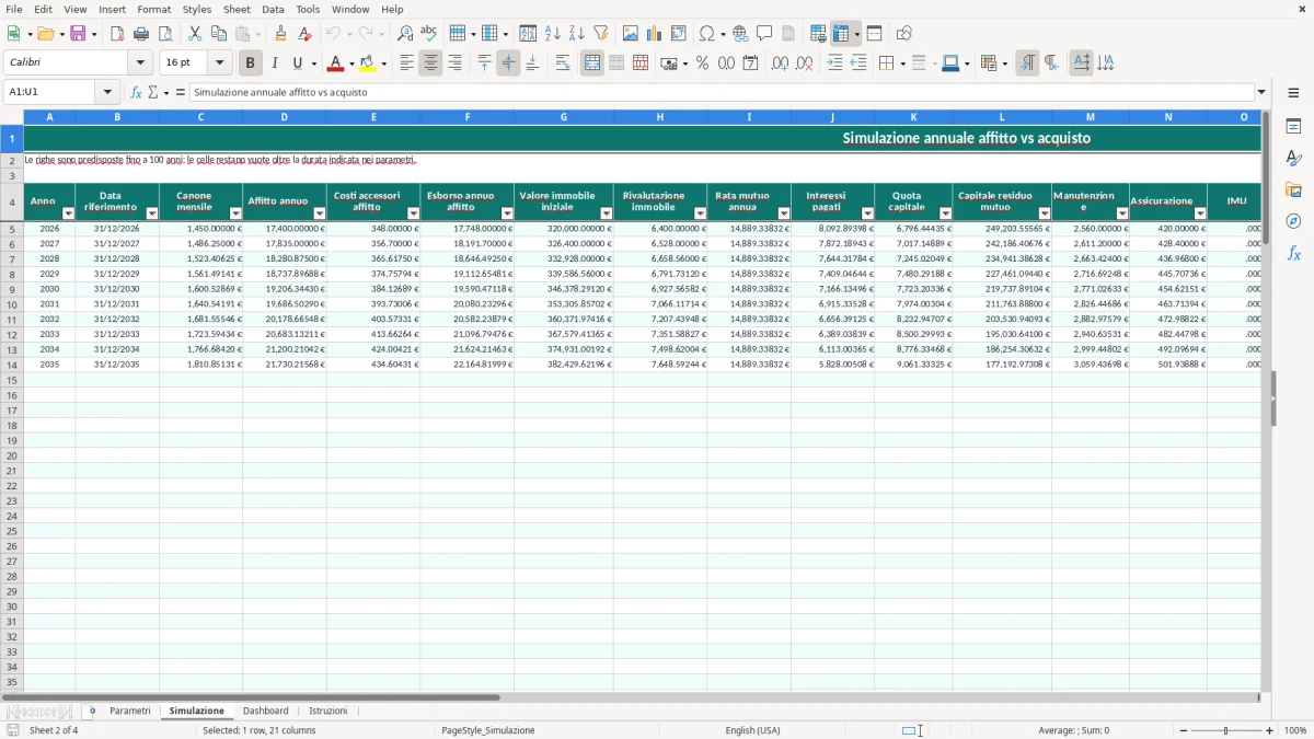 Schermata 2: foglio Simulazione - Modello Excel simulatore affitto vs acquisto excel