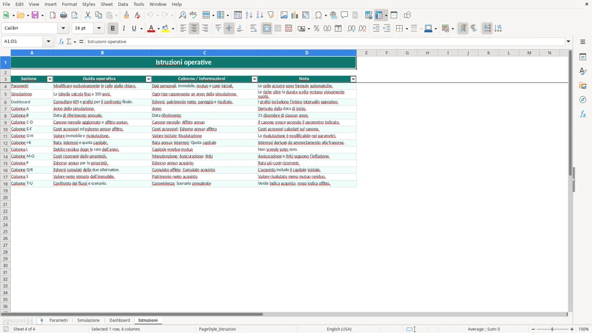 Schermata 4: foglio Istruzioni - Modello Excel simulatore affitto vs acquisto excel