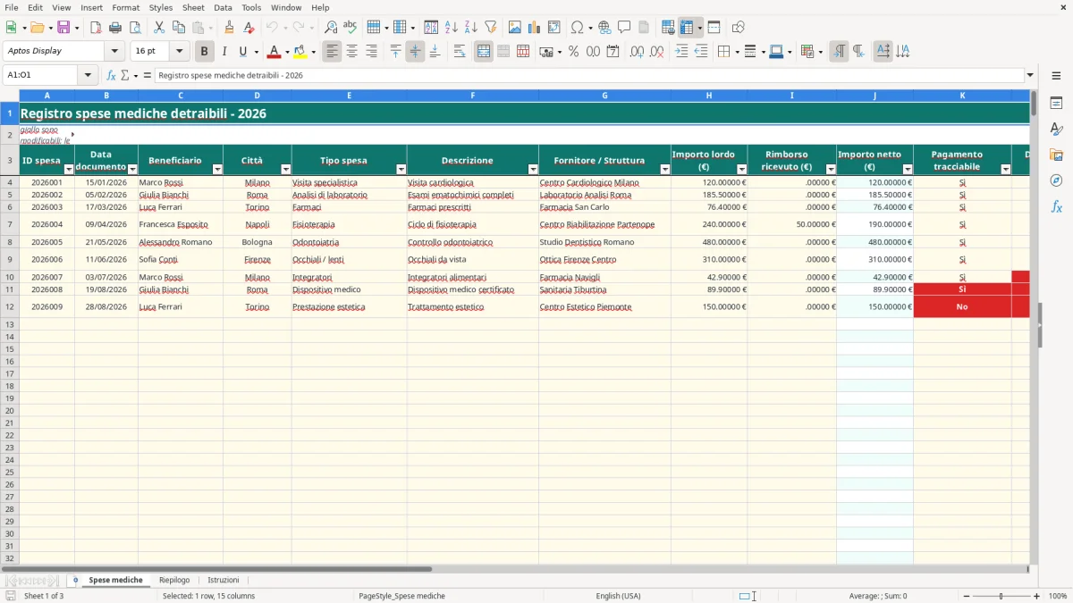 Schermata 1: foglio Spese mediche - Modello Excel spese mediche detraibili excel