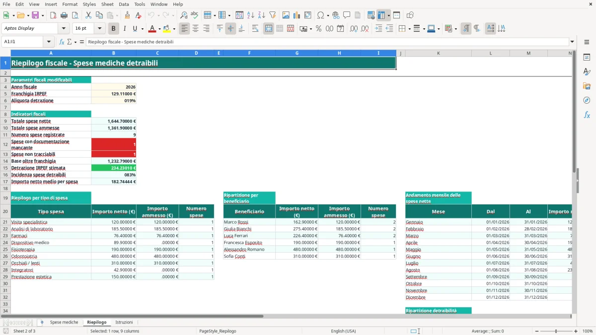 Schermata 2: foglio Riepilogo - Modello Excel spese mediche detraibili excel