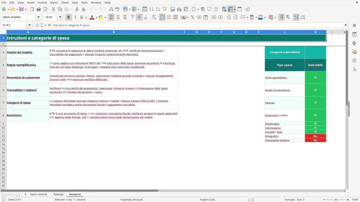 Schermata 3: foglio Istruzioni - Modello Excel spese mediche detraibili excel