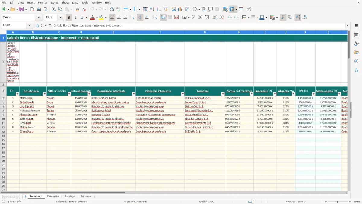 Schermata 1: foglio Interventi - Modello Excel calcolo bonus ristrutturazione excel