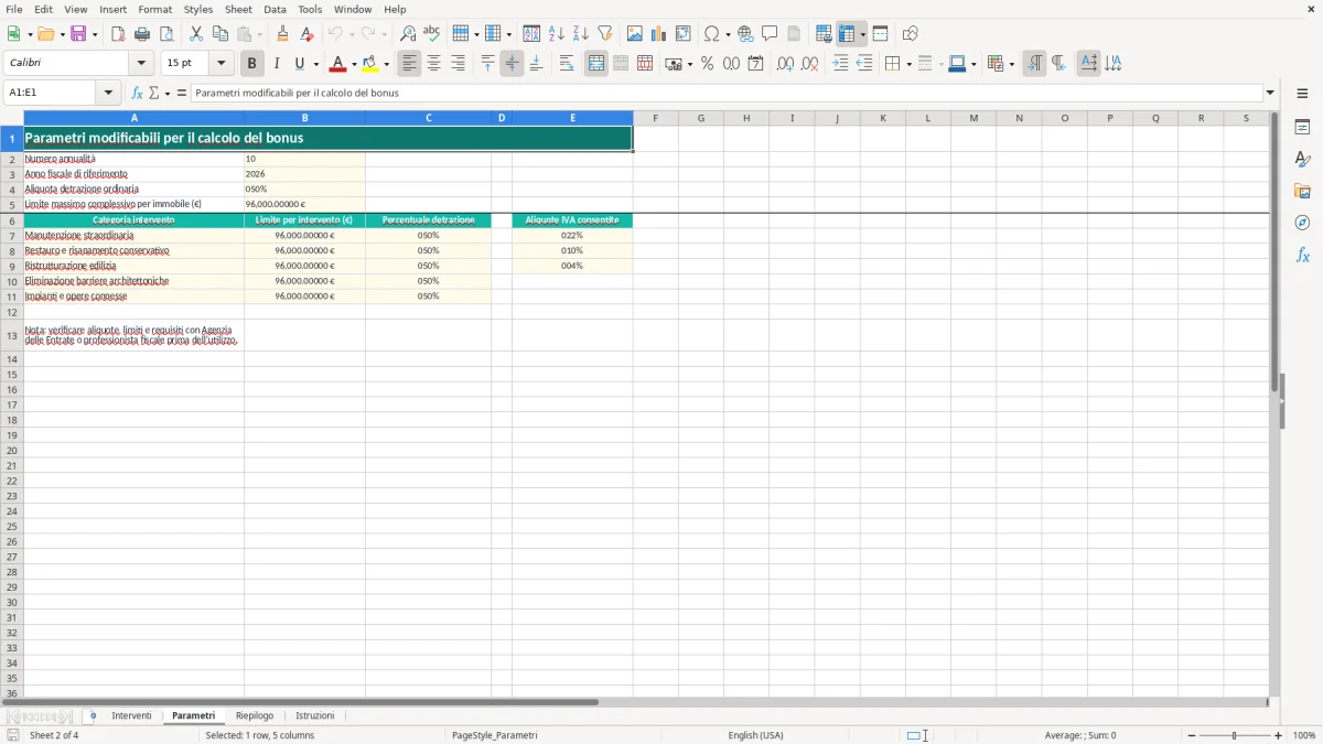 Schermata 2: foglio Parametri - Modello Excel calcolo bonus ristrutturazione excel