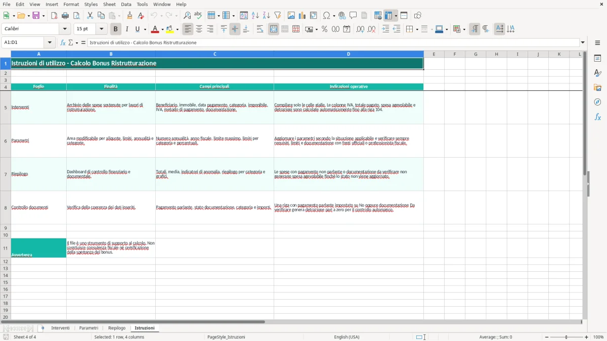 Schermata 4: foglio Istruzioni - Modello Excel calcolo bonus ristrutturazione excel