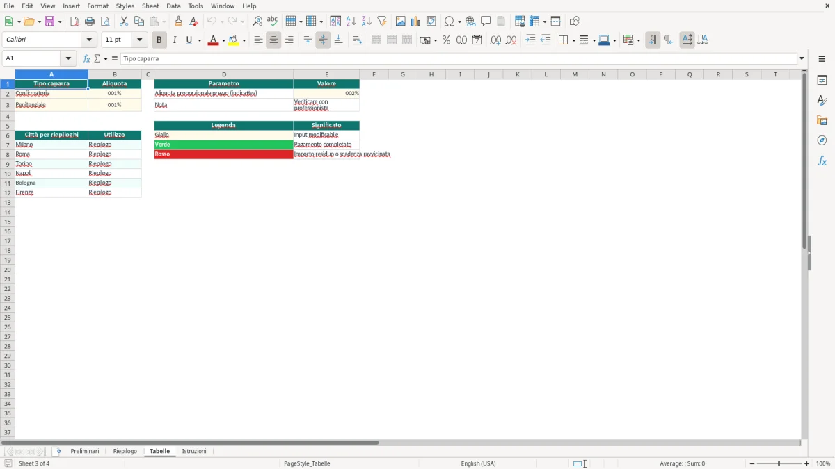 Schermata 3: foglio Tabelle - Modello Excel calcolo caparra preliminare excel