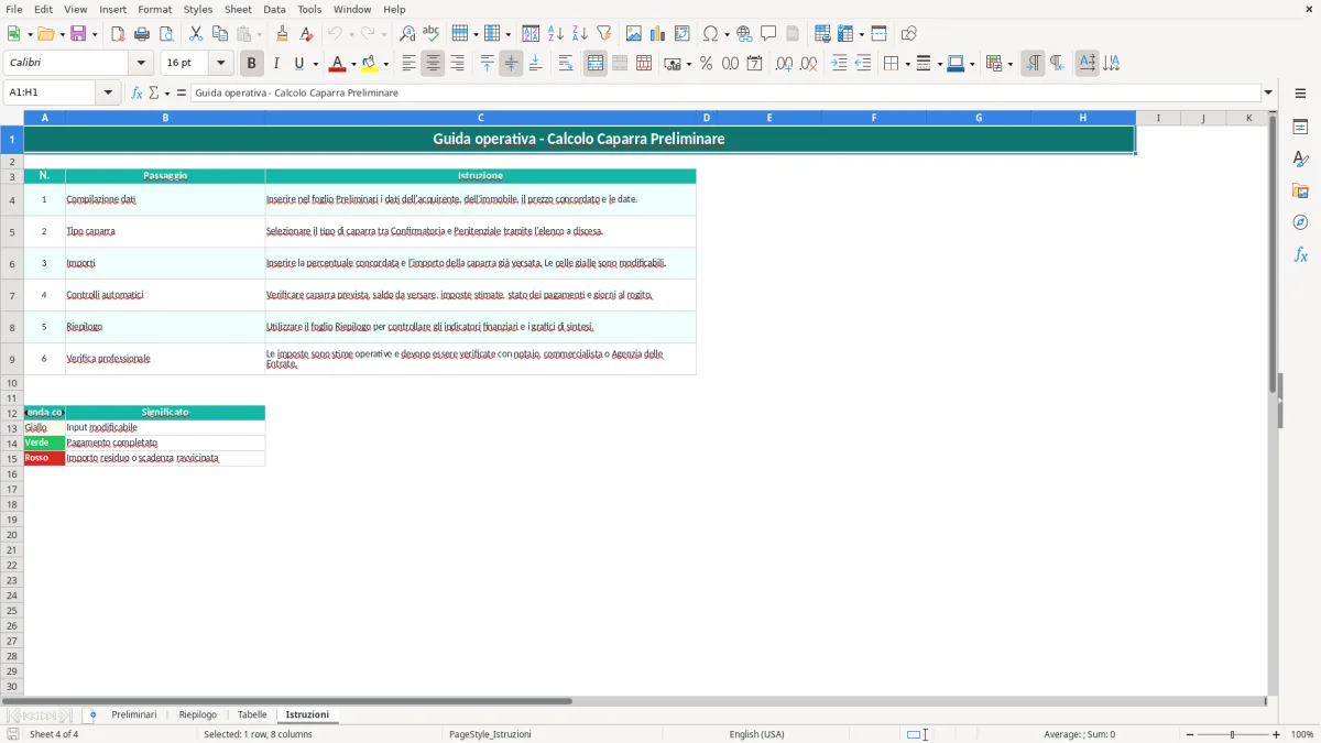 Schermata 4: foglio Istruzioni - Modello Excel calcolo caparra preliminare excel
